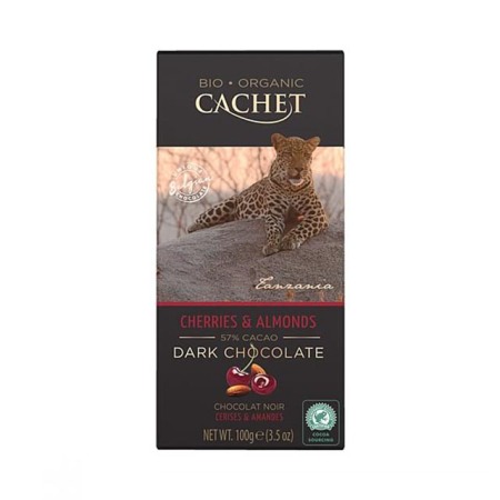 Ciocolată belgiană Cachet - Tableta de ciocolata neagra BIO 57% cirese si migdale Cachet 100g