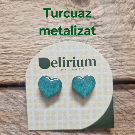 Cercei punct cu șurub din lemn - inimă, culori metalizate [6]
