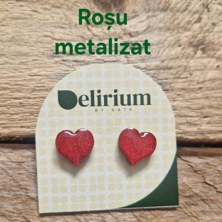 Cercei punct cu șurub din lemn - inimă, culori metalizate [8]