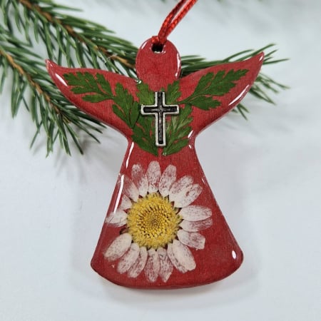 Karácsonyi dekoráció - Karácsonyi angyaldísz – Igazi virágokkal, fából