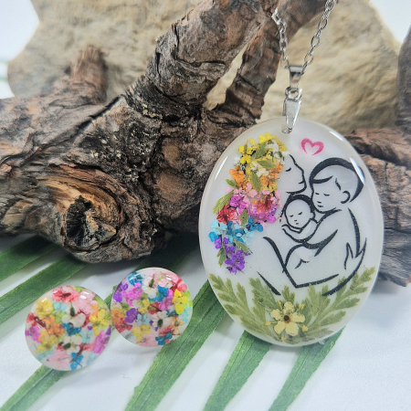 Set bijuterii - Set bijuterii din argint cu flori de morcov - mama și copii