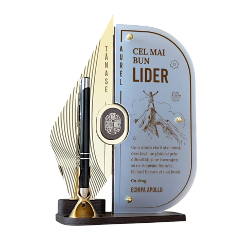 Cadouri personalizate - Trofeu personalizat cu pix - Cel mai bun lider (ALB)