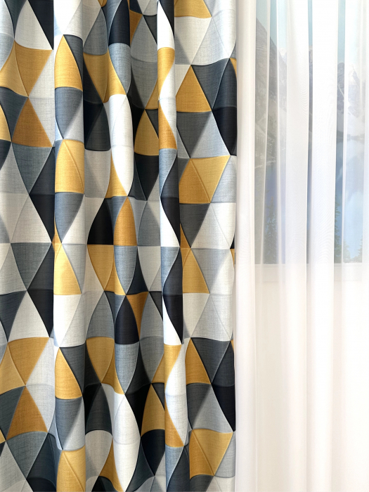 Draperie Blackout cu Model Imprimat Geometric Gri și Ocru [3]