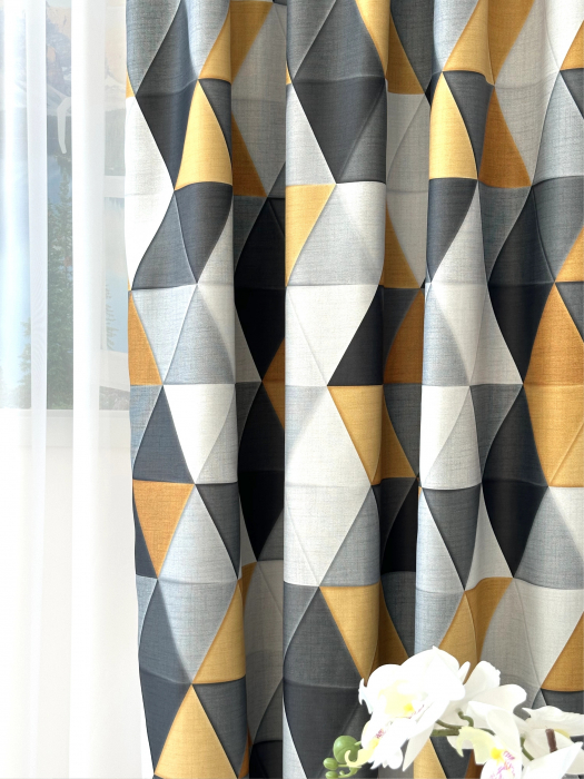 Draperie Blackout cu Model Imprimat Geometric Gri și Ocru [4]