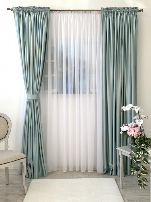 Draperie Blackout Satinat Verde Mentă cu Model Dungulițe Fine [3]