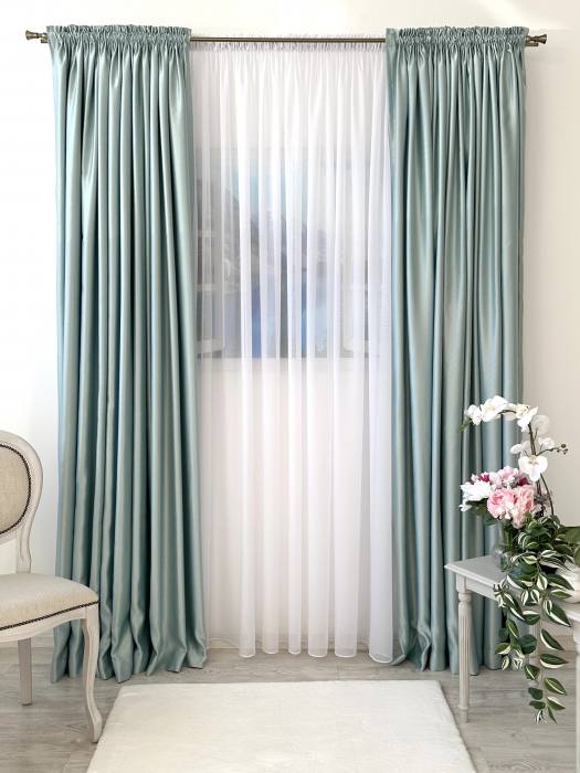 Draperie Blackout Satinat Verde Mentă cu Model Dungulițe Fine [2]