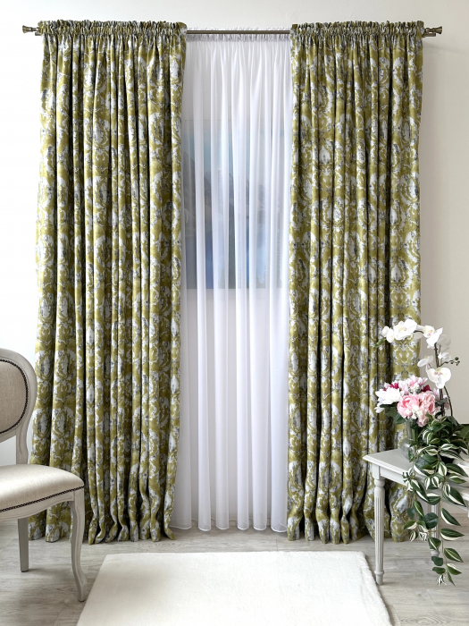 Draperie Blackout Verde Lime cu Model Abstract Gri și Alb [2]