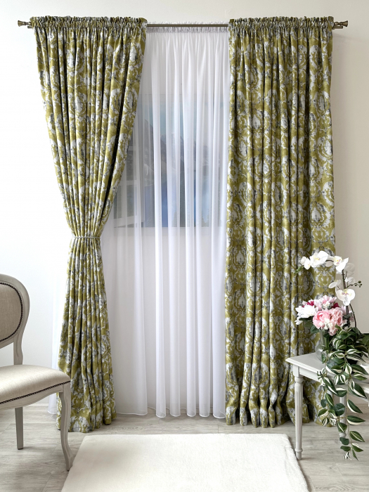 Draperie Blackout Verde Lime cu Model Abstract Gri și Alb [3]