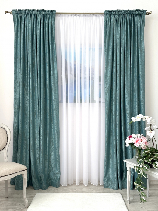 Draperie Satinată Verde Mentă Ușor Catifelată cu Model Discret Gri [7]