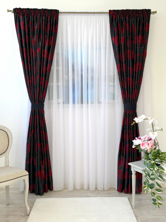 Draperii dormitor - Draperie Blackout Negru Sidefat cu Crenguțe Roșii