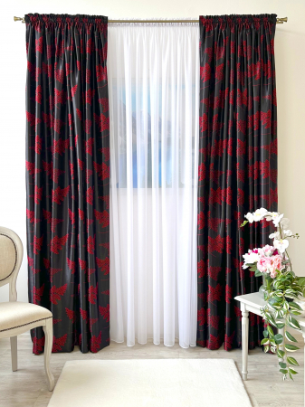 Draperie Blackout Negru Sidefat cu Crenguțe Roșii [1]