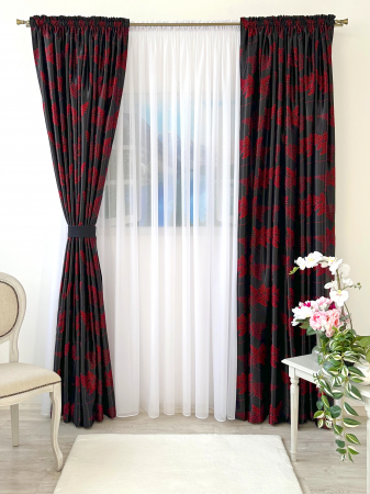 Draperie Blackout Negru Sidefat cu Crenguțe Roșii [2]