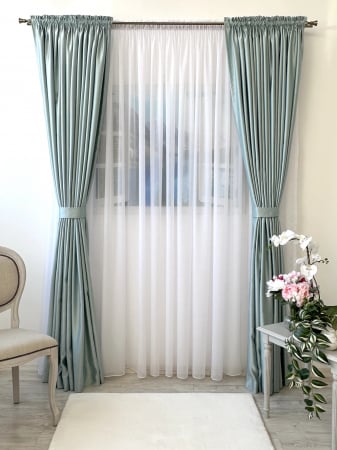 Draperii de lux - Draperie Blackout Satinat Verde Mentă cu Model Dungulițe Fine