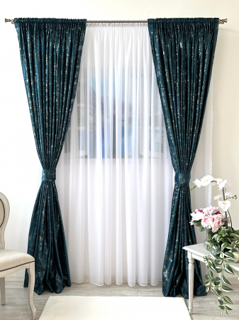 Draperii de lux - Draperie Catifea Turcoaz cu Inserții Aurii și Argintii