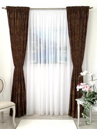 Draperii living - Draperie Creponată Maro Ciocolată cu Model Trandafiri