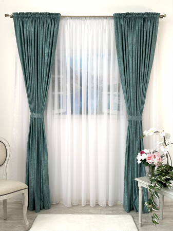 Draperii dormitor - Draperie Satinată Verde Mentă Ușor Catifelată cu Model Discret Gri