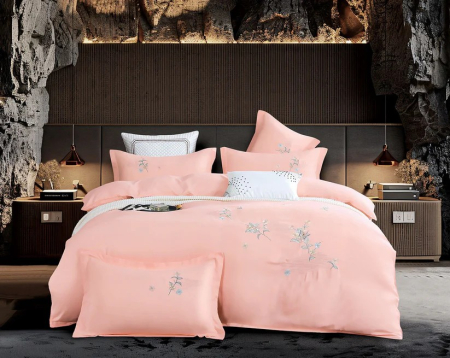 Lenjerii pat premium - Lenjerie de Pat Roz cu Broderie Florală Set 4 Piese