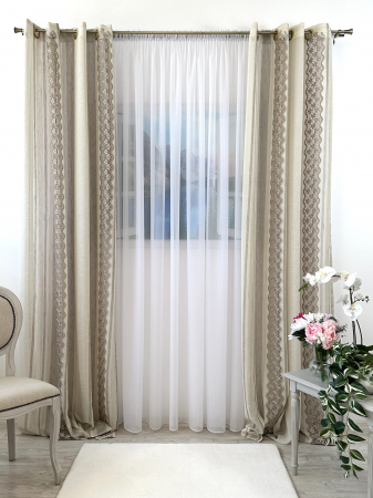 Perdele și draperii - Set 2 Draperii 145x260cm Model Dungi Verticale și Broderie Spartă Capucino