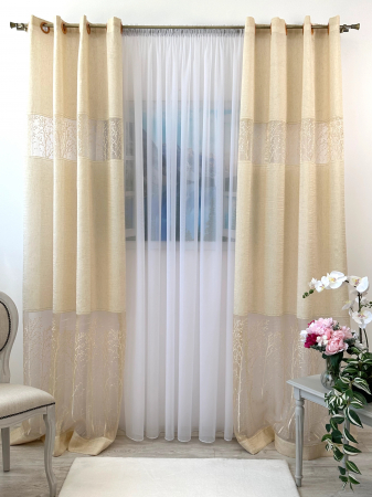 Draperii dormitor - Set 2 Draperii Crem din In Creponat și Organza Brodate cu Pomișori 145x260cm
