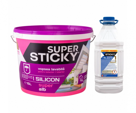 Vopsea, email, tencuiala decorativa - PACHET Super STICKY Vopsea Lavabilă Exterior, găleată 15 ltr.+ Amorsa 4 ltr.