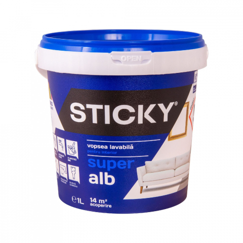 Vopsea, email, tencuiala decorativa - STICKY Vopsea Lavabilă Interior, găleată 1 ltr.