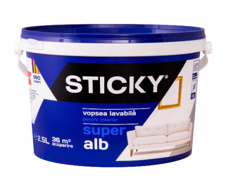 Vopsea, email, tencuiala decorativa - STICKY Vopsea Lavabilă Interior, găleată 2,5 ltr.