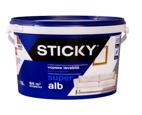 Vopsea, grund, email, lac și tencuială decorativă - STICKY Vopsea Lavabilă Interior, găleată 5 ltr.