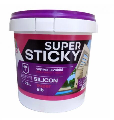 Vopsea, grund, email, lac și tencuială decorativă - Super STICKY Vopsea Lavabilă Exterior, găleată 25 ltr.