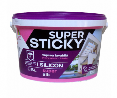 Vopsea, grund, email, lac și tencuială decorativă - Super STICKY Vopsea Lavabilă Exterior, găleată 5 ltr.