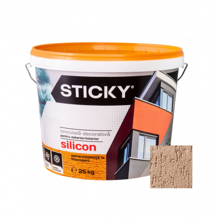 Vopsea, grund, email, lac și tencuială decorativă - STICKY Tencuială Cu Silicon – STRUCTURATĂ- Ø 2, găleată 25 kg, gri luminos