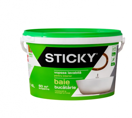 Vopsea, grund, email, lac și tencuială decorativă - STICKY Vopsea Lavabilă Antimucegai Baie şi Bucătărie, găleată 4 ltr.