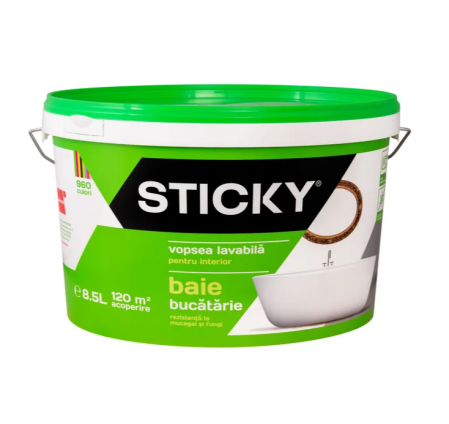 Vopsea, email, tencuiala decorativa - STICKY Vopsea Lavabilă Antimucegai Baie şi Bucătărie, găleată 8,5 ltr.