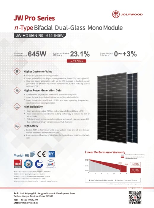 Panou fotovoltaic bifacial Jolywood JW Pro 640W - JW-HD156N-R0-640W [3]
