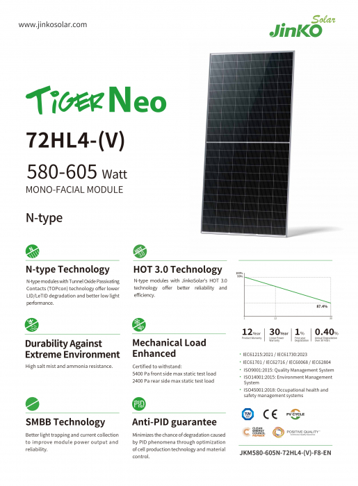 Panou Solar Jinko Tiger Neo 590W JKM590N 72HL4 V N Type Panou Solar Jinko Tiger Neo 590W JKM590N 72HL4 V N Type
