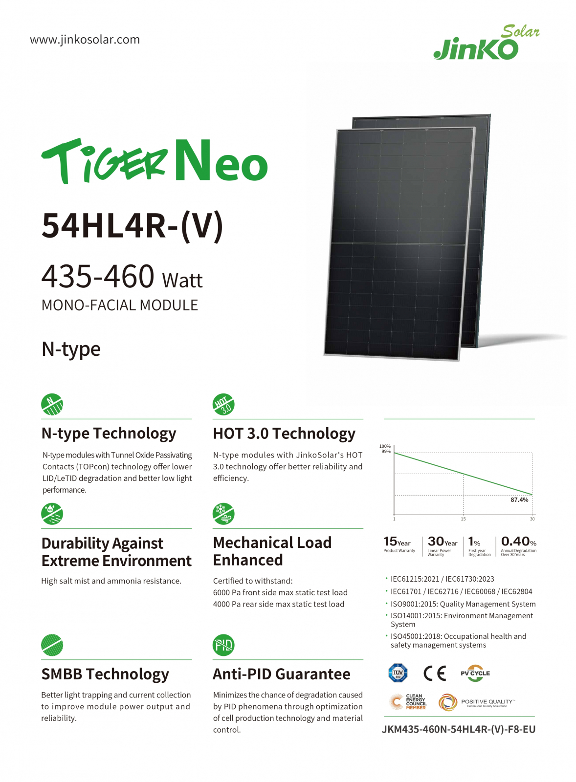 Panou solar Jinko Tiger Neo 455W Rama neagra - JKM455N-54HL4R-V N-Type