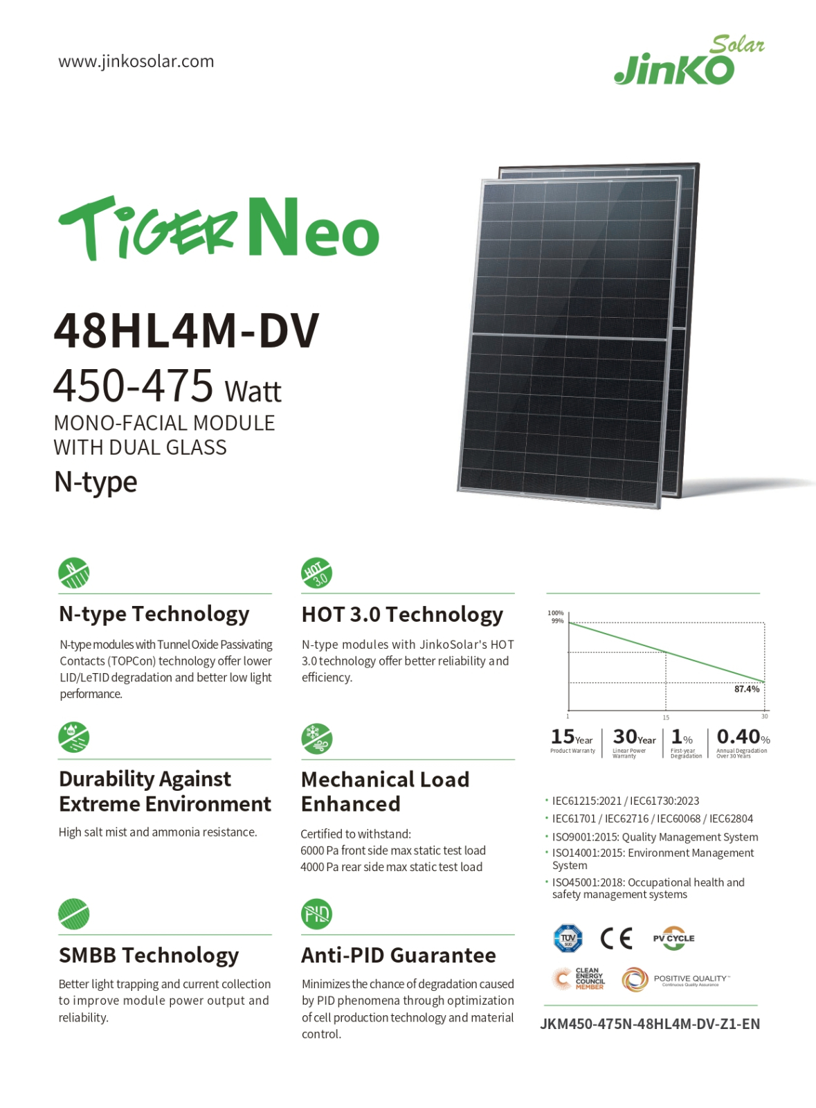 Panou solar Jinko Tiger Neo 455W Rama neagra - JKM455-48HL4M-DV N-Type