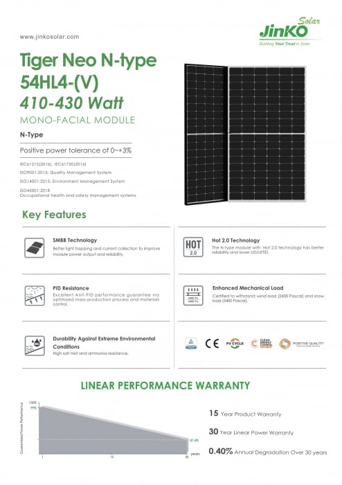 Panou Fotovoltaic JINKO JKM425N-54HL4-V 425W