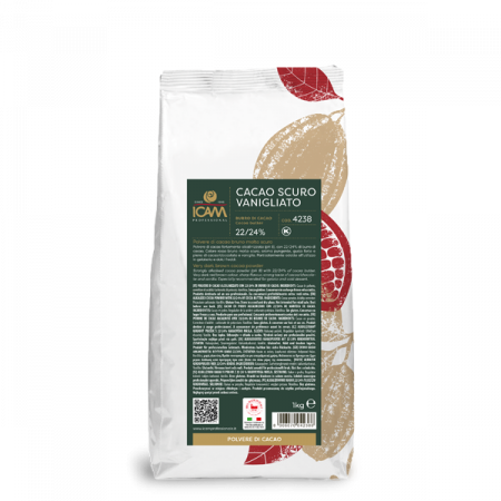 CIOCOLATA - Pudră de cacao puternic alcalinizată (pH 8) cu 22/24% unt de cacao. Culoare maro roșiatică foarte închisă. Gust pur, intens, cu vanilie.  1 KG