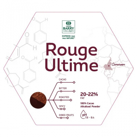 Cacao Alcalinizata rosiatica Rouge Ultime, Cacao Barry Are un continut de 20-22% unt de cacao, un produs 100% cacao de origine din Camerun, cu un gust profund de ciocolata cu note amare ridicate. [1]
