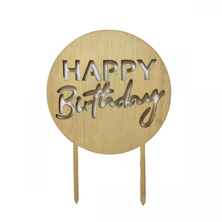 DECOR - Cake Topper rotund din lemn, Happy Birthday ​​​​​​​Dimensiune 12 x 17 cm