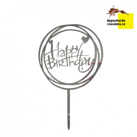 DECOR - Cake Topper din plastic "Happy Birthday" argintiu.