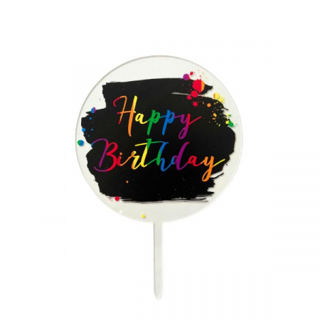 DECOR - Cake topper Happy Birthday, din acryl transparent, cu detalii colorate Dimensiune 12 x 17 cm