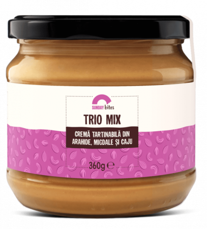 AROME - Crema tartinabila din arahide, migdale și caju, toate ușor coapte și măcinate. Crema este vegană și fără gluten și NU CONTINE ZAHAR, sare, emulsificatori, stabilizatori, conservanți ori alte uleiuri sau grăsimi hidrogenate.  Ingrediente: arahide migale și caju, toate coapte și atât.  Cantitate neta: Borcan 360 grame