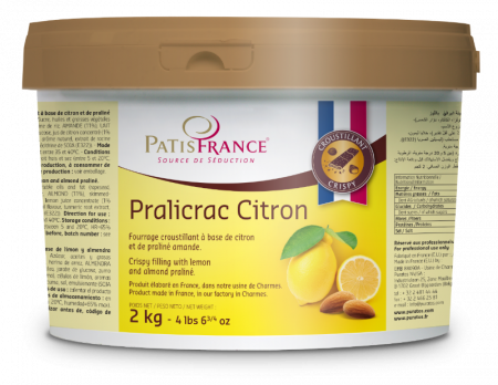 PRODUSE - Umplutura cu lămâie (min. 1%) cu incluziuni crocante, pe bază de praline de migdale (min. 22%). Praliné este un produs originar franțuzesc, care este definit de „Les codes d'usages en confiserie” ca fiind un «Produs dulce folosit în principal ca umplutură.  Avantaje client Ingrediente de calitate superioară Versatilitate fără limite: se pot folosi pentru aromatizarea aluaturilor și cremelor, în strat ca atare sau ca umplutură în produse fine de cofetărie Perfect atunci când gustul și textura fac diferența Nenumărate utilizări în aplicațiile de ciocolată, patiserie/cofetărie și viennoiserie Avantaje consumator Gust excelent Valori nutriționale ridicate provenite de la migdale, fistic și alune