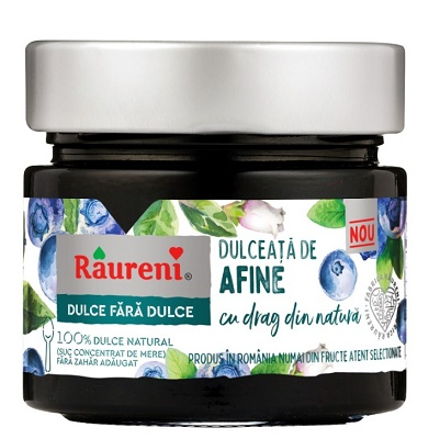PRODUSE - Dulceata de Afine FARA ZAHAR 240 g - Raureni Ingrediente: afine 45%, suc natural concentrat de mere. Fara zahar adaugat. Contine zaharuri prezente in mod natural. Produs pasteurizat. Origine afine: Romania.