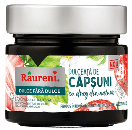 PRODUSE - Dulceata de Capsuni FARA ZAHAR 240 g - Raureni Ingrediente: capsuni 45%, suc natural concentrat de mere. Fara zahar adaugat. contine zaharuri prezente in mod natural. Produs pasteurizat. ​​​​​​​Origine capsuni: Romania.