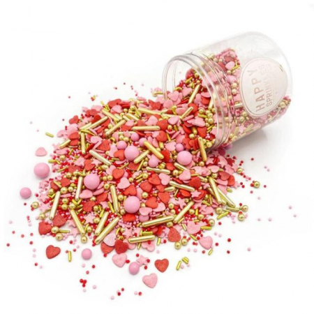 Mix Sprinkles din zahar colorate pentru decorarea produselor de cofetarie si patiserie. Decor perfect pentru Valentines Day, Ziua Mamei sau aniversari de fete. In culori roz, rosu si auriu cu inimioare si bastonase. [0]