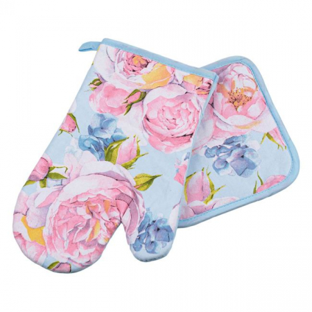 USTENSILE SI FORME SILICON - Manusa si servet de bucatarie, de culoare ciel cu model floral