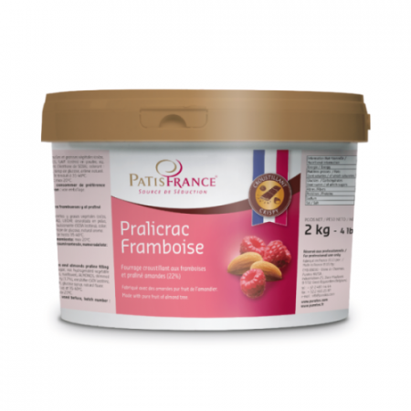 AROME - Umplutura crocanta cu praline de zmeura si migdale (22%)  Ingrediente: zahar, ulei si grasimi vegetale nehidrogenate (rapita, cacao si floarea soarelui), Migdale, lapte praf degresat, orez, zmeura (1,7%), emulgator (lecitina de soia), colorant (rosu de sfecla rosie), amidon, sirop de glucoza, aroma naturala.  Conditii de depozitare: inchideti bine ambalajul dupa fiecare utilizare. A se pastra intre 5-20ºC.  Greutate neta: 2kg