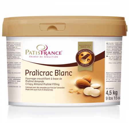 AROME - Amestec subtil de praliné cu 22% conținut de migdale, bucăți de clătite cu o notă de lapte. Greutate neta 4.5 kg  Aduce o notă crocantă rețetelor tale pentru a crea jocuri de texturi inedite. Ideal pentru entremet, prăjituri, ca umplutură sau decor pentru bomboanele de ciocolată Poate fi întins și pe un biscuit. Avantaje client Gata de utilizare Aplicații multiple Secționare perfectă Conține ciocolată belgiana Belcolade Produit élaboré en France dans notre usine à Charmes Avantaje consumator Portofoliu original Textură interesantă Cu ciocolată belgiană